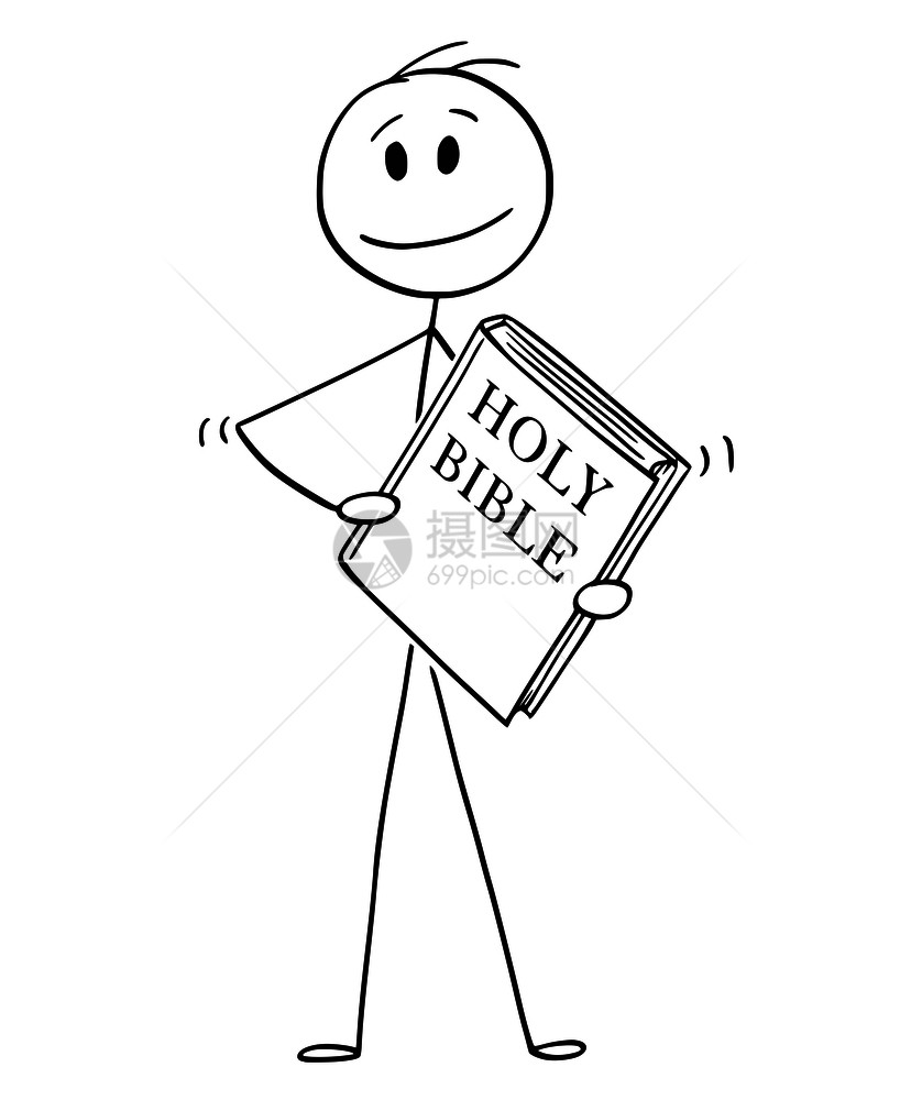 卡通插图描绘着一个微笑的人拿着大圣经书的概念图片