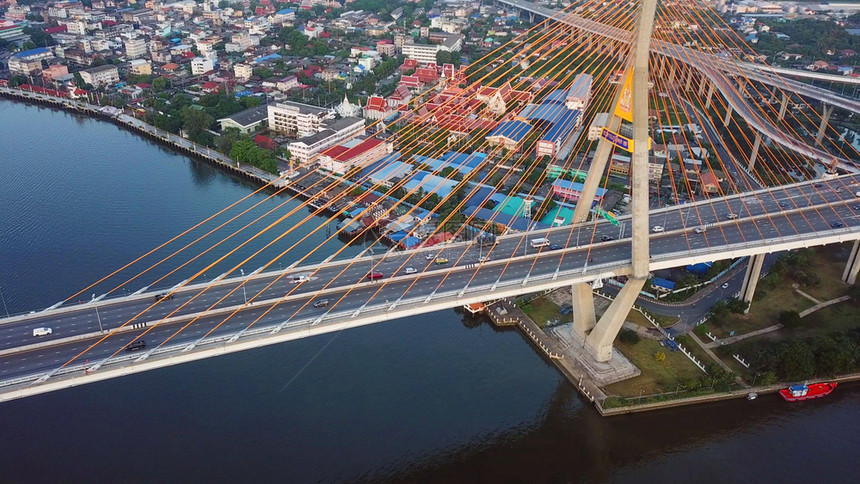 BhumibolBridge和ChaoPhraya河的空中景象图片