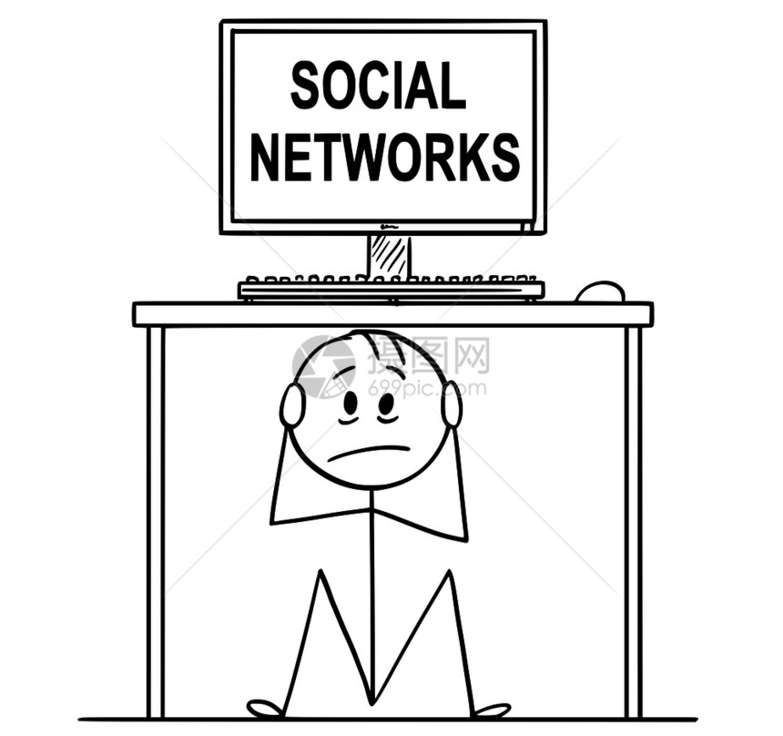 卡通插画图描绘坐在办公桌下屏幕上带有社交网络文字的有压力男子或商人坐在有计算机和社会网络的有压力男子或商人挂图中图片