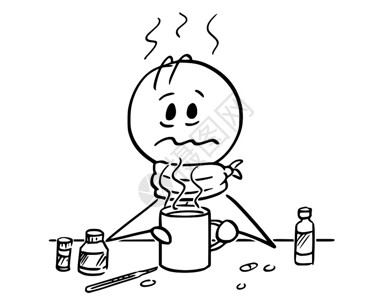 卡通棒绘制有流感寒冷或发热喝茶的病人概念图背景图片