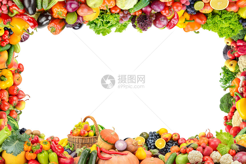 在白色背景中隔离的健康水果和蔬菜框架图片