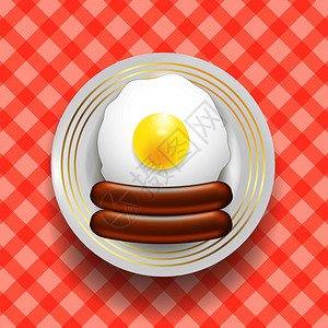 牛肉味青豆红线背景上的天然鸡蛋和两个真实的油味香肠顶端视图自然鸡蛋和两个真实的油味香肠插画