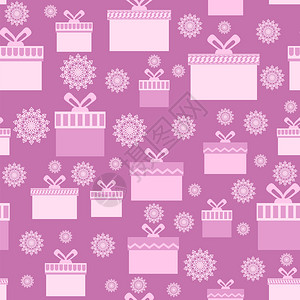矢量礼物盒子粉红包装圣诞无缝纸上面有不同的盒子和雪花上面有礼物粉红包装圣诞无缝纸上面有盒子和雪花背景
