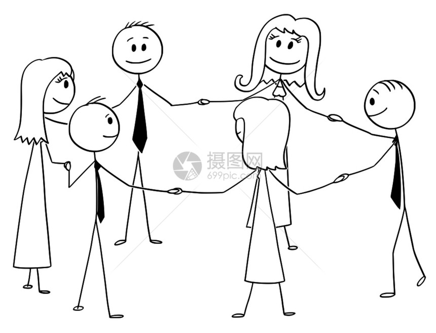 画插图从概念上说明由6名商人或和女组成的团体相互牵手并围成一圈地站在起图片