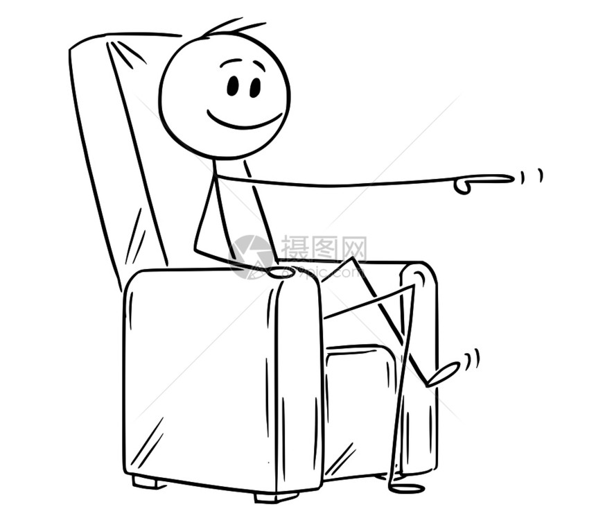 卡通棍子画着快乐的人或商坐在扶椅上并指着某些东西的概念插图图片