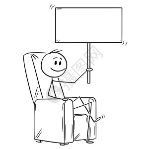 卡通插图描绘幸福的人或商坐在扶椅上手持空标牌供您发短信图片