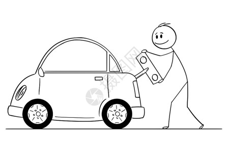 微笑的男人用玩具钥匙把电动车插图图片