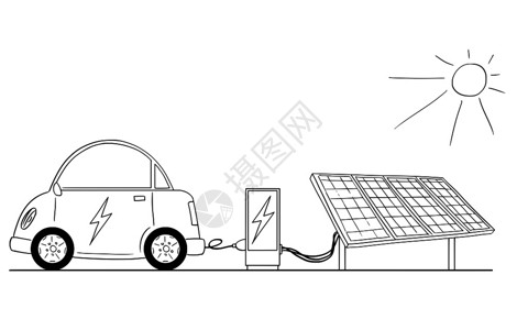 太阳能充电手电筒汽车从太阳能发电厂到站卡通绘制插画