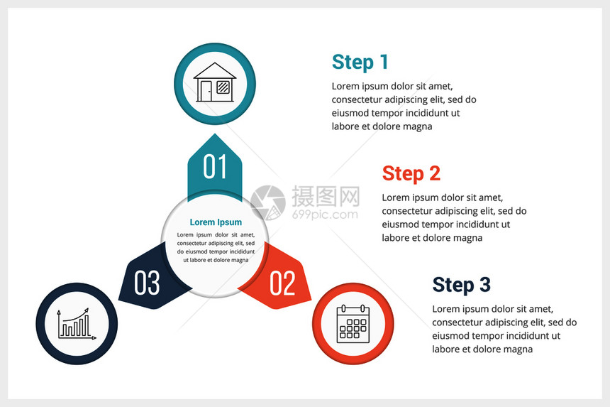 包含三个元素的圆形信息图模板可用作进程图步骤选项矢量eps10插图图片