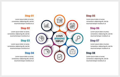 包含八个元素的圆形信息图模板可用作进程图步骤选项矢量eps10插图图片
