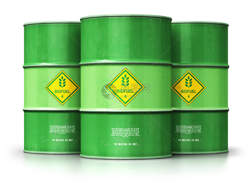 创意抽象生态替代可持续能源和环境保护节约商业概念3D说明一组绿色金属生物燃料桶或以白色背景孤立的生物柴油桶并产生反射效果图片