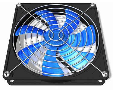 白色气流3D表示在白色背景上隔离的蓝色计算机PC底盘和CPU冷却扇背景