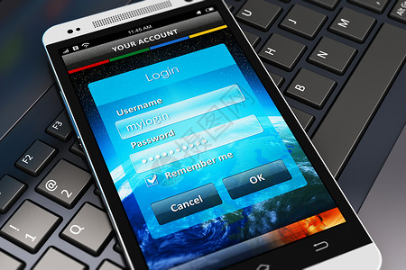 手机账户账户授权界面窗口在膝上型电脑或笔记本PC键盘上使用现代黑光触摸屏智能手机或电脑个人键盘并有选择焦点效果的登录和密码输入字段背景