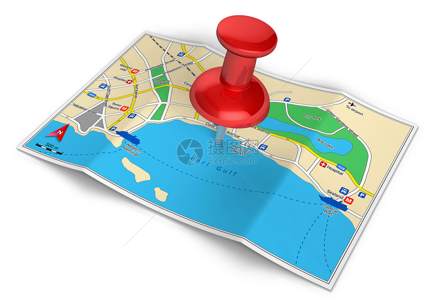 GPS导航旅游和行路线规划概念颜色城市和白背景孤立的红推图标图片