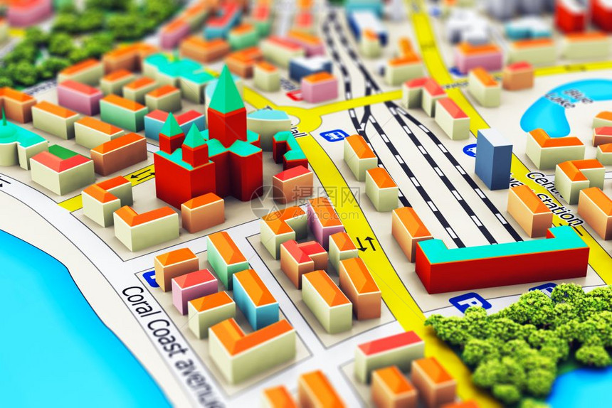 创造抽象的全球定位系统卫星导航旅行游和地点路线规划业务概念带有三维建筑的微型彩色城市宏观点有选择重效果图片