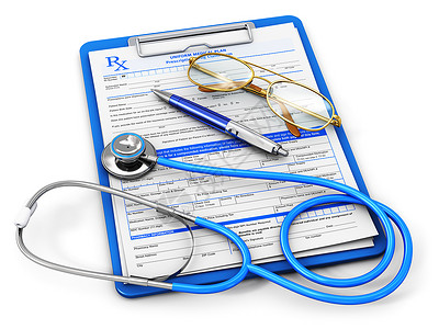 外勤报销单医疗生保险和健概念用处方药品报销单剪贴板听诊器眼镜和白底隔离的蓝球笔背景