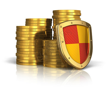 看钱盾金融保险和企业稳定概念保护盾覆盖的金质硬币堆积在白色背景上隔离产生反射效果背景