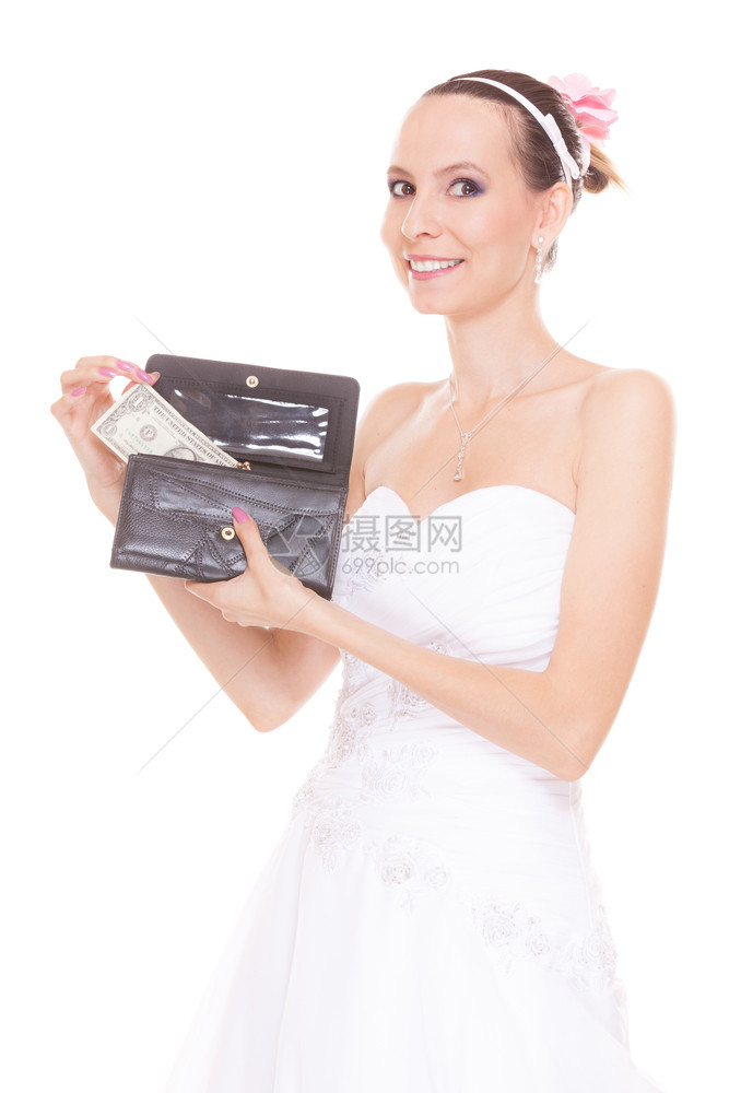 带着1美元和钱包的新娘持有钱包和现金的年轻女孩结婚费用支出姻和金融概念穿着白色婚纱的妇女孤立在白色背景上带1美元的妇女新娘结婚费图片