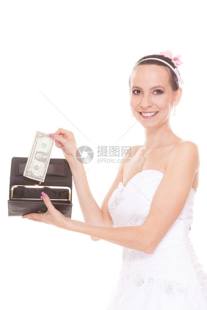 带着1美元和钱包的新娘持有钱包和现金的年轻女孩结婚费用支出姻和金融概念穿着白色婚纱的妇女孤立在白色背景上带1美元的妇女新娘结婚费图片