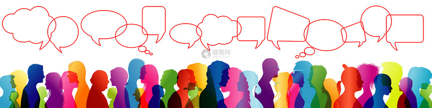 人群交谈与之间的谈话交流一群有色人种的侧写轮廓语言泡沫说话图片