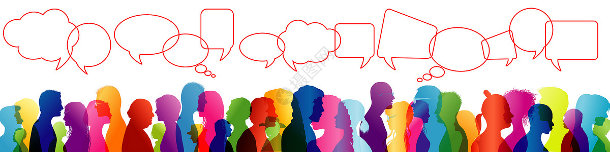 人群交谈与之间的谈话交流一群有色人种的侧写轮廓语言泡沫说话背景