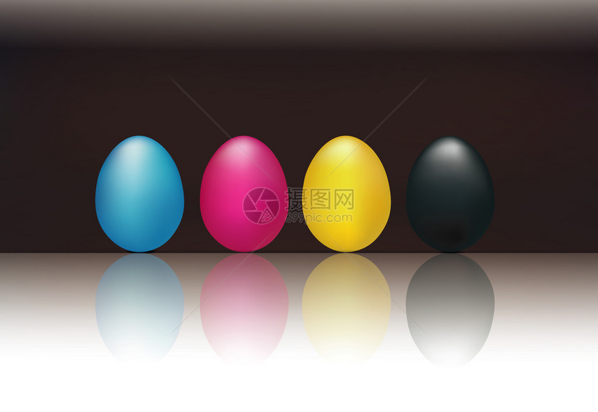 CMYK3D鸡蛋cyan紫红黄和黑色的概念黑色背景图片