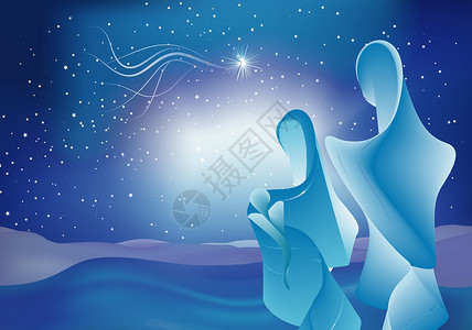 圣母玛利亚和约瑟圣母玛利亚星蓝天空的圣家伯利恒背景图片