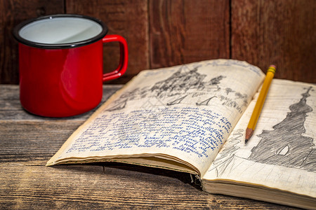古老的探险日记上面有一杯热茶金属放在生锈的木板上笔迹和铅画图片