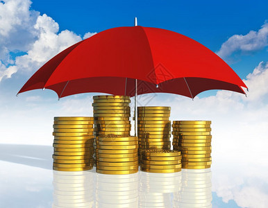 云钱金融稳定商业成功和保险概念由红伞覆盖的堆叠金币对蓝天空白底云层及反射效果背景