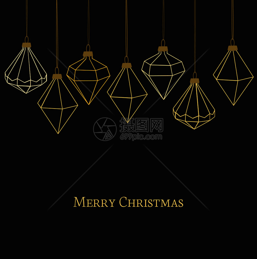 以黑色背景展示钻石圣诞球的矢量图圣诞卡快乐金球图片