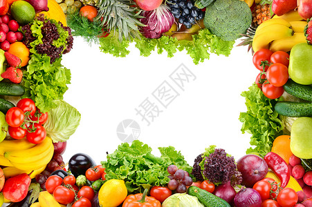 将水果和蔬菜作为白色隔开的框架拼凑在一起图片