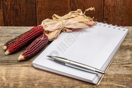 带笔和装饰玉米的空白艺术素描本图片