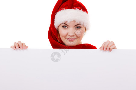 穿着圣达克萨斯帮手帽子的快乐女孩圣诞广告复制空间背景图片