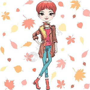 秋季服装头巾和靴子夹克牛仔裤的矢量时装女郎顶型秋季服装的矢量时女郎图片