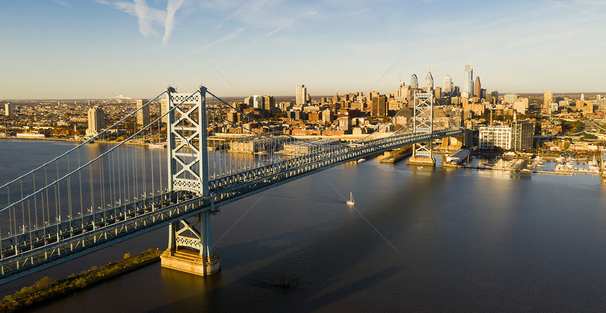 蓝天飞越本杰明富兰克林大桥进入费城宾夕法尼亚市中心图片