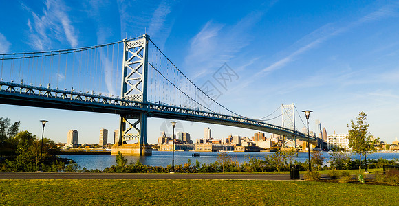 蓝天飞越本杰明富兰克林大桥进入费城宾夕法尼亚市中心高清图片