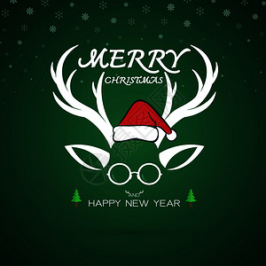 圣诞贺卡的矢量图像鹿角圣塔帽和眼镜诞快乐的信图片