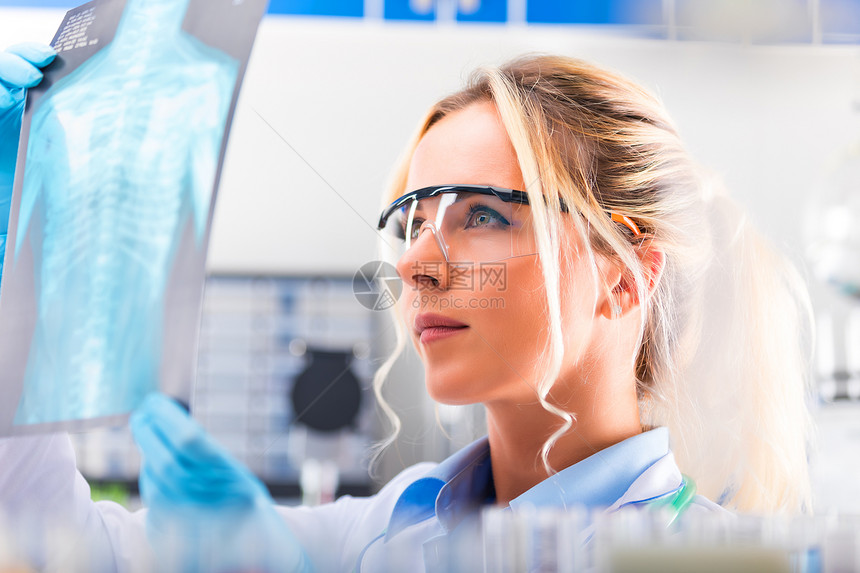 年轻有吸引力的女科学家配有保护眼镜检查科学医院诊所疗实验室X射线摄影胶片人体胸腔结果图片