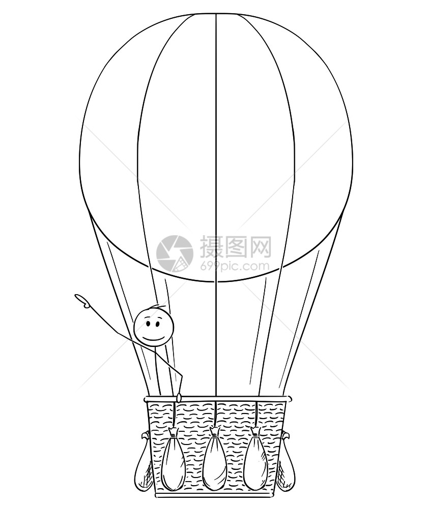 在热气球上挥手的火柴人矢量卡通插图图片
