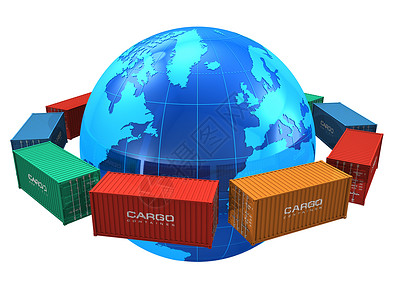 世界制造业全球航运概念蓝色地球周围的货集装箱排白底隔离在色地球一带背景