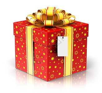彩色丝带标签创意抽象的圣诞或圣诞节新年或生日传统庆祝概念3D展示红色礼物或装有闪亮彩色金属丝带弓和贴在白色背景上孤立的标签盒子并产生反射效果背景