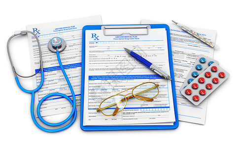 医疗生保险和健概念用处方药品报销单剪贴板听诊器眼镜和白底隔离的蓝球笔图片
