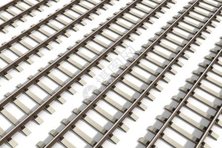 创造抽象工业商概念在白色背景上孤立的多条金属铁路轨道组图片