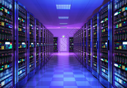 现代网络和互联电信技术大数据存储和云计算机服务业概念3D以蓝光数据中心显示服务器室的内部背景图片