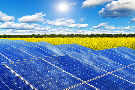 创意太阳能发电技术、替代能源和环境保护生态商业概念:在黄色农村场使用太阳能电池板,对蓝天使用阳光和云背景图片