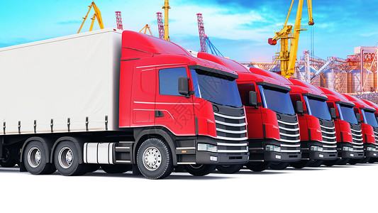 航运物流和交付业务商概念3D表示在海港货运码头用起重机的拖车卡行数图片