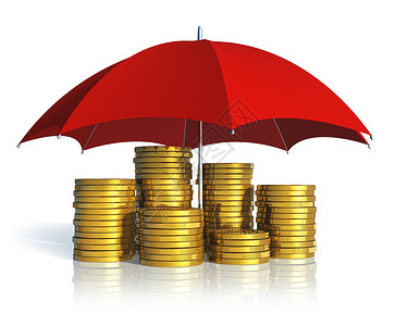 硬币堆叠效果金融稳定商业成功和保险概念由红伞覆盖的堆叠金币在白色背景上隔离具有反射效果背景