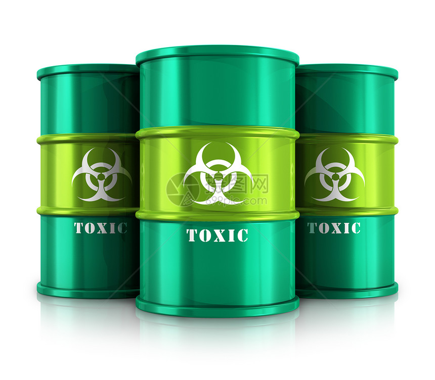 具有创造抽象有毒和危险材料处置利用工业概念一组绿色金属桶或容器带有毒物危险或放射物质在白色背景上隔离产生反射效果图片