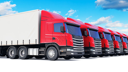航运物流和货商业概念3D表示在蓝色天空和云层下用白色背景孤立的一排运货拖车背景图片