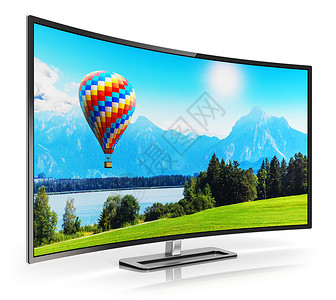 创抽象超高定义数字电视屏幕技术概念3D显示曲线的OLED4KUltraHD电视或计算机PC显示器在白色背景上孤立的多彩自然景观并背景
